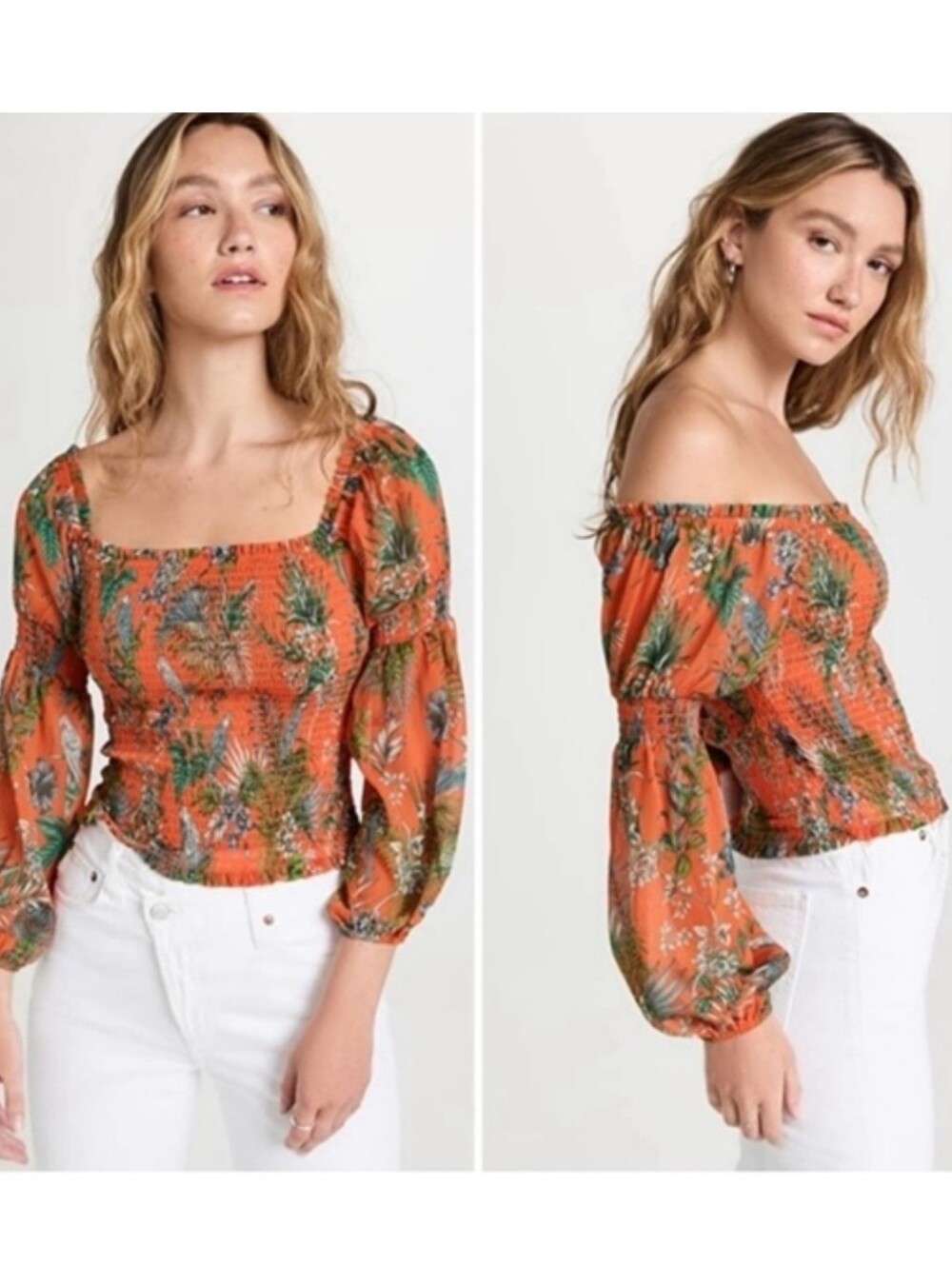 Lagence Cece Top Smocked Orange Off Shoulder Tropical Print XS